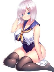 alternate_costume arm_at_side black_legwear blue_swimsuit blush breasts cleavage collarbone colored_eyelashes covered_navel crop_top crop_top_overhang female gloves hair_ornament hair_over_one_eye hairclip hamakaze_(kantai_collection) hand_in_own_hair hand_up highres kantai_collection large_breasts looking_at_viewer one-piece_swimsuit sailor_collar school_swimsuit shiny shiny_skin shirt short_hair silver_hair simple_background sitting skin_tight sleeveless sleeveless_shirt solo swimsuit swimsuit_under_clothes thick_thighs thighhighs thighs tsukumiya_amane white_background white_gloves white_shirt yokozuwari