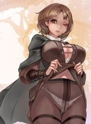 akanoball big_breasts brown_hair cleavage cloak dress_lift elden_ring facial_mark facial_tattoo female female_only fromsoftware green_eyes lace-trimmed_panties looking_at_viewer melina_(elden_ring) one_eye_closed painting_(artwork) panties panties_under_pantyhose pantyhose short_hair solo thick_thighs thighband_pantyhose white_panties wide_hips