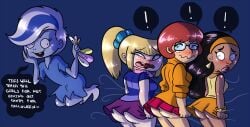 4girls ass crossover danny_phantom dark-skinned_female embarrassed english_text ghost ghost_girl glasses hanna-barbera marilyn_tuvache multiple_girls nickelodeon no_panties panty_theft phantasma_phantom princesscallyie scooby-doo the_suicide_shop valerie_gray velma_dinkley wind