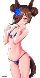 absurdres aiuti animal_ears bikini blue_flower breasts brown_hair cameltoe double_bun female female flat_chest flower hair_flower hair_ornament hair_over_one_eye highres horse_ears horse_girl horse_tail long_hair micro_bikini purple_eyes rice_shower_(umamusume) side-tie_bikini simple_background small_breasts solo striped striped_bikini swimsuit tail umamusume white_background