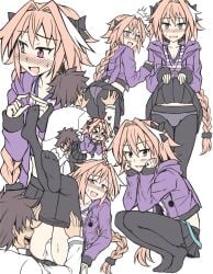 >_< 2018 2boys animal_hood ass ass_grab astolfo_(fate) bent_over black_hair blue_eyes bow braid bulge bunny_hood chibi clothed clothing crop_top crossdressing cute drooling embarrassed eyebrows_visible_through_hair fangs fate/apocrypha fate/grand_order fate_(series) feet femboy fingers_together flustered fujimaru_ritsuka_(male) full_body hair_ribbon heart highlights jacket jewelry leaning_forward legs_up lifted_by_self long_hair long_ponytail looking_at_another looking_at_viewer looking_away lying male male_only matching_hair/eyes midriff multiple_views necklace no_shoes on_back open_jacket open_mouth panties panty_bulge pantyhose pantyhose_pull peach_(momozen) pink_eyes pink_hair pleated_skirt ribbon saliva saliva_trail seductive shirt short_hair side_view simple_background single_braid skirt skirt_lift smile squatting standing striped striped_shirt stripes surprised sweat sweatdrop teeth thighs tied_hair tongue trap underwear undressing very_long_hair white_background white_clothing white_highlights white_panties yaoi