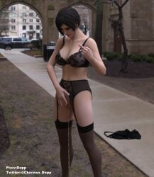 3d 3d_(artwork) ada_wong backyard black_high_heels black_lingerie blouse_on_floor capcom depp_(artist) fair_pubic_hair garden garter_belt hand_on_pussy lace_bra peeing peeing_female pissing_female pissing_on_grass pubes public_exposure public_nudity public_pee resident_evil resident_evil_2 resident_evil_2_remake shaved_pussy showing_middle_finger stockings stockings_and_garter_belt transparent_black_bra urinating_female urination