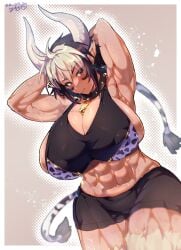 abs animal_ears animal_legs animal_tail armpits arms_behind_head bell black_hair blush body_fur bovine breasts cathyl_(monster_musume) covered_nipples cow_ears cow_girl cow_horns cow_tail cowbell cowboy_shot dated facial_mark female female_minotaur hair_between_eyes hands_up horns huge_breasts midriff minotaur minotaur_female minotaur_girl mkck_(miki_chika) monster_girl monster_musume_no_iru_nichijou mouth_hold multicolored_hair muscular muscular_female neck_bell outline ponytail raised_eyebrow short_hair short_shorts shorts sidelocks signature solo sports_bra sportswear stalk stalk_in_mouth sweat tail white_hair white_outline