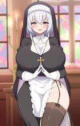 1girls aikome_(haikome) alicia_renato_(yashiro_sousaku) big_breasts breasts female female_only haikome heterochromia hi_res huge_breasts large_breasts looking_at_viewer nun original solo thighhighs thighs white_hair wide_hips