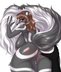 anthro anus ass big_breasts big_butt breasts brown_hair butt_grab female fur genitals hair hand_on_butt hi_res looking_at_viewer looking_back looking_back_at_viewer mammal mephitid multicolored_body multicolored_fur pussy reina. skunk two_tone_body two_tone_fur