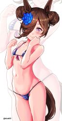 absurdres aiuti animal_ears bikini blue_flower breasts brown_hair cameltoe double_bun female female flat_chest flower hair_flower hair_ornament hair_over_one_eye highres horse_ears horse_girl horse_tail long_hair micro_bikini purple_eyes rice_shower_(umamusume) side-tie_bikini simple_background small_breasts solo striped striped_bikini swimsuit tail umamusume white_background zoom_layer