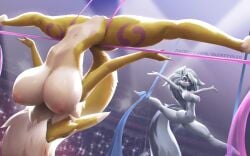 2girls absurd_res aerial_silk athletic_female big_breasts breasts crossover digimon female fur furry helluva_boss hi_res large_breasts legs_spread loona_(helluva_boss) naked nude olexey_oleg pussy renamon tail