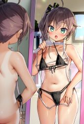 absurdres ahoge aqua_eyes ayaoshiro bikini blush breasts brown_hair cat_hair_ornament clothes_hanger female fingernails hair_ornament highres hololive hololive_gen_1 hololive_japan looking_at_mirror matsurisu mirror natsuiro_matsuri nude open_mouth side-tie_bikini side_ponytail small_breasts swimsuit tan tanline virtual_youtuber