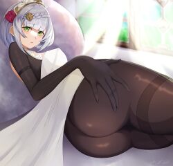 1girls ass ass_focus black_legwear braid breasts bubble_ass bubble_butt female female_only genshin_impact green_eyes hi_res looking_at_viewer noelle_(genshin_impact) pantyhose pillow short_hair silver_hair thick_ass thick_thighs wei_gui_yu