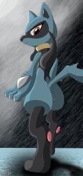 absurd_res anthro anus blue_body claws claws_out female fur genitals hi_res kirtapsart looking_back nintendo paws pokémon_(species) pokemon pussy rear_view riolu semi-anthro shadow sharp_claws simple_background solo spikes video_games