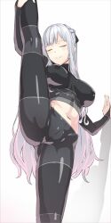 ak-12_(girls'_frontline) black_ribbon blush braid breasts breasts_apart closed_eyes covered_nipples female girls'_frontline groin kageshio_(276006) large_breasts leg_up long_hair midriff navel ribbon shadow silver_hair simple_background skin_tight smile solo split standing standing_on_one_leg standing_split taut_clothes thighs very_long_hair white_background