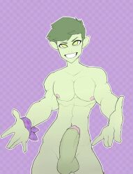 1boy athletic_male balls beast_boy big_balls big_penis boner dc dc_comics erection garfield_logan gay green-skinned_male green_eyes green_hair green_skin grin hug_invitation huge_cock inviting_hug leroyyoreel looking_at_viewer male male_only nude nude_male pecs penis pink_glans pink_nipples pointy_ears purple_wristband solo solo_male teen_titans thick_penis wristband