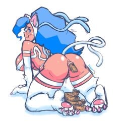 anus big_breasts blue_hair blush breasts darkstalkers felicia_(darkstalkers) female large_breasts pussy scat shit shitting sugars