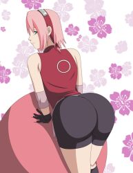 1girls ass behind_view bent_over bike_shorts bubble_ass bubble_butt clothed clothed_female clothes clothing dat_ass elbow_pads elmonais female female_only forehead_jewel fully_clothed gloves green_eyes headband looking_at_viewer looking_back naruto naruto_(series) naruto_shippuden pink_hair pose posing round_ass sakura_haruno short_shorts shorts solo solo_female solo_focus tight_clothing tight_fit tight_shorts