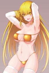 1girls :d armpits arms_behind_head bangs bare_shoulders big_breasts blonde_hair breasts busty collarbone elbow_gloves eyebrows_visible_through_hair eyepatch_bikini eyes_visible_through_hair feet_out_of_frame gloves gluteal_fold gold_bikini golden_bikini hair_between_eyes highres irokohaku large_breasts long_hair looking_at_viewer navel open_mouth posing presenting_armpit sensual shokuhou_misaki simple_background smile solo sparkle sparkling_eyes stomach symbol-shaped_pupils teenage_girl teenager teeth thighhighs thighs to_aru_kagaku_no_railgun to_aru_majutsu_no_index upper_teeth very_long_hair white_gloves white_legwear yellow_eyes young