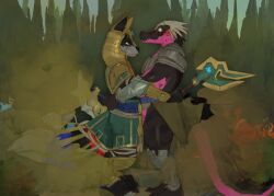 absurd_res alligator alligatorid anthro blush cosplay crocodilian duo embarrassed fainting fart gas grin hi_res league_of_legends loki_lemuria male male/male mammal mephitid nasus original_character renekton reptile scalie skunk skunkor smile teasing wilting_plants