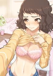 1girls big_breasts blush bra breasts brown_eyes brown_hair clothed embarrassed female female_only kurosususu no_sex persona persona_5 pink_bra sadayo_kawakami solo taking_picture