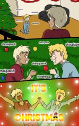 bleached_blonde_hair blonde_hair christmas comic comic_page dark_skin happy original pajamas short_hair text tfsubmissions