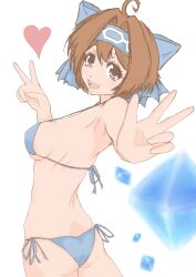 1girls alternate_breast_size ass big_breasts bikini blue_bikini breasts brown_eyes brown_hair busty double_v female female_only hair_ribbon heart large_breasts legs looking_at_viewer looking_back ribbon rimururu samurai_shodown short_hair sideboob smile snk solo swimsuit thighs v