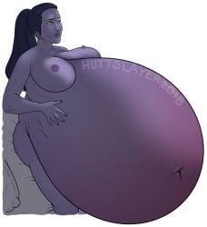 1girls belly belly_expansion belly_stuffing big_belly big_breasts breasts expansion female female_only hand_on_belly huge_belly huttslayer nipples overwatch ponytail purple_skin solo_female stuffed_belly stuffing widowmaker