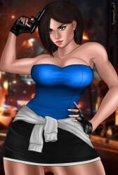 abs blue_eyes female female_only firearm gloves gun handgun jill_valentine jill_valentine_(sasha_zotova) kaymart resident_evil short_hair skirt solo tubetop