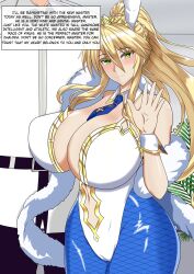 1boy 1girls artoria_pendragon artoria_pendragon_(lancer) artoria_pendragon_(swimsuit_ruler) big_breasts blonde_hair blush breasts bunny_ears bunnysuit cleavage clothed clothing comic english_text fate/grand_order fate_(series) green_eyes hi_res long_hair navel netorare ntr punishedplume raceplay revealing_clothes simple_background smile text waving wide_hips