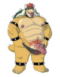 absurd_res bara bowser genitals hi_res hornyphobic humanoid_genitalia humanoid_penis koopa male male_only mario_(series) nintendo nipples penis pubes scalie simple_background solo tongue tongue_out video_games white_background