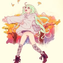 :d autumn_leaves bag boots bottomless brown_eyes checkered_clothes checkered_legwear cleft_of_venus exhibitionism female green_hair handbag high_heels hood hoodie innie_pussy long_hair original pussy smile solo teeth thighhighs uncensored very_long_hair yamada_(gotyui)