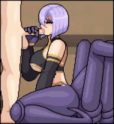 2d 2d_animation animated breasts clothed_female_nude_male english_text james_cabello kneeling large_breasts lavender_hair monster_girl monster_musume_no_iru_nichijou onomatopoeia oral penis_grab pink_eyes pixel_animation pixel_art purple_hair rachnera_arachnera short_hair spider_girl tagme text thighs