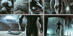 1boy abs ass batcave batman batman_(series) batmobile bruce_wayne cave comic comic_page dark dc dc_comics lee_bermejo male male_focus male_only muscular muscular_male naked nude nude_male official_art penis shadow solo solo_focus solo_male undressing