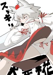 2015 action_pose animal_ears ass blush detached_sleeves momiji_inubashiri panties red_eyes skirt skirt_lift standing sword tagme tail touhou white_hair white_panties wolf_ears wolf_girl wolf_tail zannnenn1