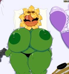 bed big_breasts big_thighs bra clothing controller dunno_(kouh) elemental_creature elemental_humanoid eyebrows female flora_fauna flower furniture game_controller green_body hi_res huge_breasts humanoid kouh petals plant plant_humanoid plantie plants_vs_zombies shirt sleeping smile solo sunflower sunflower_(pvz) t-shirt thong topwear underwear_on_head voluptuous