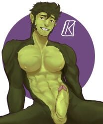 1boy abs balls beast_boy boner dark_hair dc dc_comics erection garfield_logan green_skin haplorhine hazel_eyes kydener male male_only manspreading monkey monkey_boy muscular muscular_male nude penis pointy_ears primate sitting smile smiling solo spread_legs teen_titans