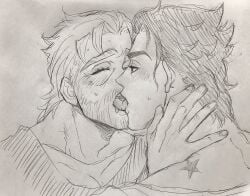 2boys beard brunet closed_eyes clothed drool drooling earring earrings eye_contact french_kiss french_kissing gay grandfather_and_grandson half_lidded_eyes hands hands_on_neck incest jijimago joestar_birthmark jojo's_bizarre_adventure joseph_joestar jotaro_kujo kissing magojiji male_only monochrome muscles muscular muscular_back muscular_male muscular_pecs old_joseph older_male open_mouth open_mouth_kiss passionate passionate_kiss pecs pectoral_cleavage pectorals salt_and_pepper_hair sfw stardust_crusaders sweat sweating sweaty tank_top tee_shirt tongue tongue_kiss tongue_out tshirt wrinkles yaoi younger_male