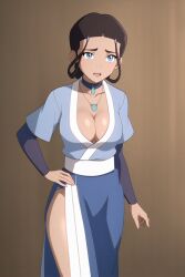 1girls ai_generated alternate_breast_size avatar_legends avatar_the_last_airbender blue_eyes blue_robe braid brown_hair cleavage deep_cleavage female hair_loopies hand_on_hip katara necklace plunging_neckline robe smirk thighs water_tribe