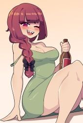 1girls alcohol blush bocchi_the_rock! bottle braid cleavage dress drunk female female_only hair_ribbon hi_res hiroi_kikuri j5daigada long_hair looking_at_viewer pink_eyes red_hair revealing_clothes sharp_teeth sitting smiling smiling_at_viewer solo wink winking_at_viewer