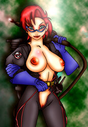 1girls belt breasts female female_only ghostbusters glasses gloves green_eyes janine_melnitz jumpsuit malphasbcs nipples proton_pack pussy red_eyeshadow red_hair solo tagme unzipped