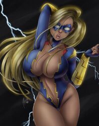 allydrawsthings blonde_female blonde_hair blue_eyes breasts breasts_bigger_than_head chest_window comic_book_character dc dc_comics gender_transformation genderswap_(mtf) male_to_female open_chest pinup_pose revealing_clothes revealing_costume revealing_outfit rule_63 shocking_suzi superhero superheroine thick_ass thick_lips thick_thighs transformation
