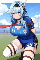 ai_generated angry blue_hair blush bondage bound breasts collar collar_and_leash eula_(genshin_impact) genshin_impact leash leash_and_collar leashed_collar soccer soccer_field soccer_uniform tied_up tiques