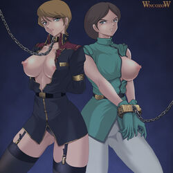 2005 2girls arms_behind_back bondage breasts breasts_out brown_hair captured chains collar duo earth_federation emma_sheen female gloves gundam handcuffs human large_breasts light-skinned_female light_skin looking_at_viewer military_uniform multiple_girls multiple_subs nipples one_breast_out orange_hair panties pants reccoa_londe short_hair take_your_pick thick_thighs thighhighs uniform wancozow wide_hips zeta_gundam zettai_ryouiki