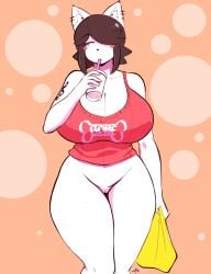 3rd_party_edit anthro bottomless bottomless_female breasts clothed ear_piercing edit female female_focus female_only furry huge_breasts maggie_applebee pussy red_shirt shirt solo solo_female tattoo theycallhimcake thick_thighs topwear_only vagina vulva