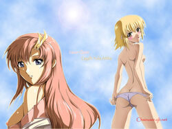 2girls 4:3 ass blonde_hair blue_eyes blush breasts cagalli_yula_athha female female_only gundam gundam_seed lacus_clyne long_hair looking_back multiple_girls nipples panties pink_hair topless underwear wallpaper yellow_eyes