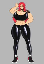 1girls 2024 abs choker cleavage female grey_background grin huge_breasts large_breasts latex lyuka muscular muscular_female orange_eyes original_character pants red_hair shiny_clothes smirk smirking sneakers tattoo tattoo_on_shoulder tattoos thick_thighs tight_clothing zipper