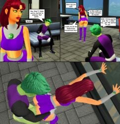 1boy 1girls 3d against_glass against_window animated beast_boy clothed_sex comic dc dc_comics dialogue doggy_style female green_eyes netorare ntr pof3445 purple_outfit red_eyes sex short_skirt sims4 skirt standing_sex starfire taken_from_behind teen_titans thigh_highs