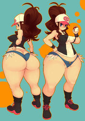 1girls areolae ass ass_cleavage back bad_proportions baseball_cap blush boots bottom_heavy breasts butt_crack cameltoe curvy daisy_dukes denim denim_shorts erect_nipples female female_only front_and_back game_freak giant_ass h_hiroma hand_on_hip hat highres hilda_(pokemon) hips holding_pokeball huge_ass kokuko_(tsukiyotake) laced_boots large_breasts looking_at_viewer looking_back_at_viewer maou11 nintendo nipples panties plump pokeball pokeball_logo pokemon pokemon_bw puffy_nipples shoes short_shorts shorts simple_background socks solo standing sweat thick_thighs thighs thong wide_hips