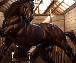 absurd_res after_anal after_sex ai_generated anatomically_correct anatomically_correct_genitalia anatomically_correct_penis animal_genitalia animal_penis balls big_balls big_penis bodily_fluids breeding_stand brown_body brown_fur cum cum_drip cum_inside detailed dripping equid equine equine_genitalia equine_penis erection feral flared_penis fur genital_fluids genitals hi_res horse looking_at_viewer male male_only mammal notte penis presenting realistic solo stable