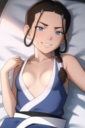 1girls ai_generated avatar_legends avatar_the_last_airbender blue_eyes blue_robe blush braid brown_hair cleavage deep_cleavage female flat_chest flat_chested hair_loopies katara laying_down laying_on_back laying_on_bed necklace plunging_neckline robe sleeveless smirk smug water_tribe