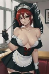 ai_generated bare_shoulders cafe cleavage gloves guilty_gear headwear indoors inner_sideboob maid maid_apron maid_headdress maid_outfit maid_uniform medium_breasts off_shoulder red_eyes red_hair short_hair skirt strapless thighhighs thighs underboob valentine_(guilty_gear)