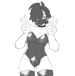 1boy bulge bunnysuit femboy magnus_(mctamagomaki) male_only mask mctamagomaki peace_sign solo_male tagme v_sign