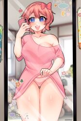 blue_eyes cute ddlc doki_doki_literature_club just_sayori markunart mirror mirror_reflection mirror_selfie panties red_hair sayori_(doki_doki_literature_club) showing_panties wake_up waking_up